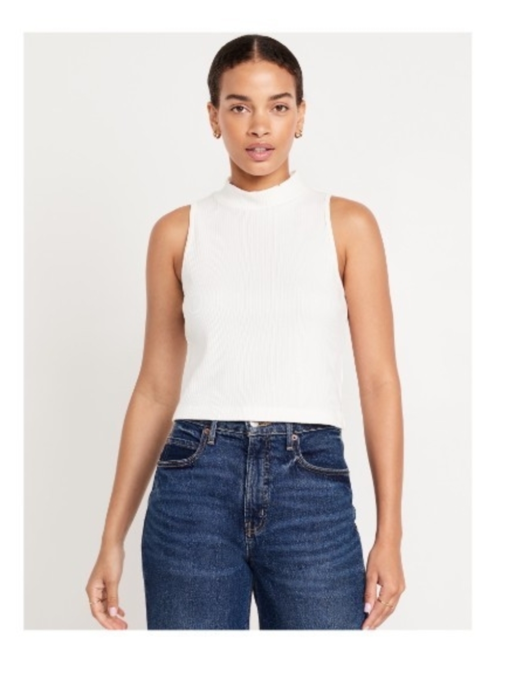 Two Old Navy Mock Neck Ribbed Sleeveless Tops - Black Jack and Sea Salt Colors